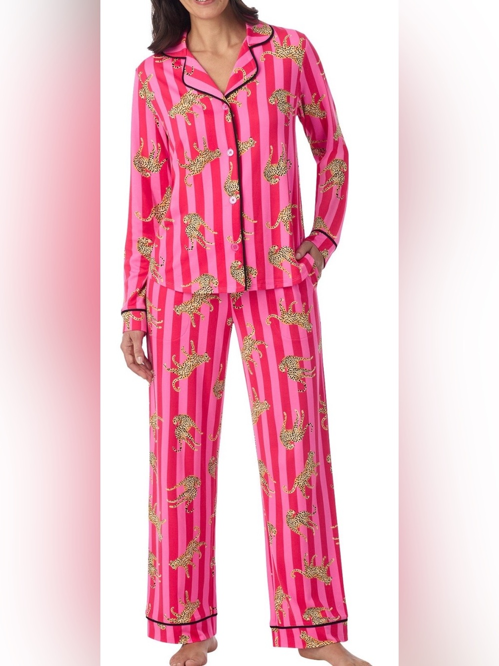 NWT Room Service 2-Piece Notch Collar Pajama Set Pink Leopard  Size S M L XL XXL
